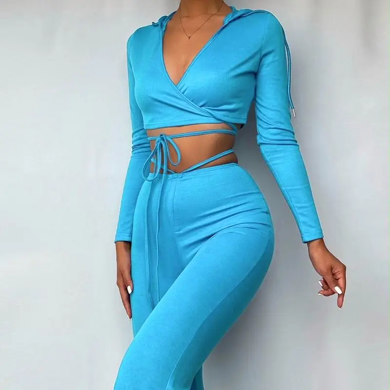 W1139 осень новое поступление 2021 Базовая Толстовка наряд однотонный с V-образным вырезом укороченный топ брюки со шнуровкой стильный женский осенний костюм