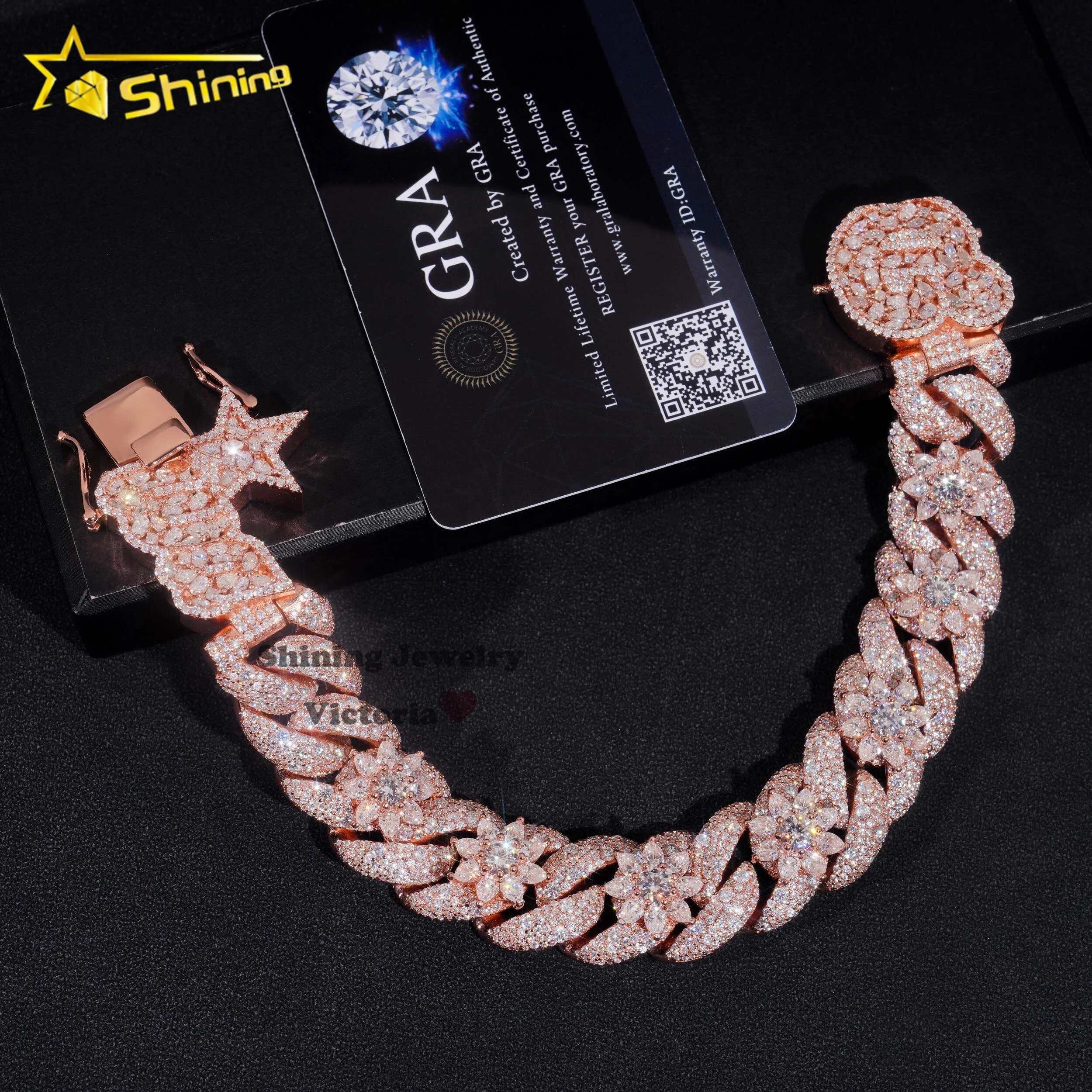 Unique Design custom lock 18mm rose gold plated flower 925 sterling silver fancy cut vvs moissanite diamond cuban link bracelet