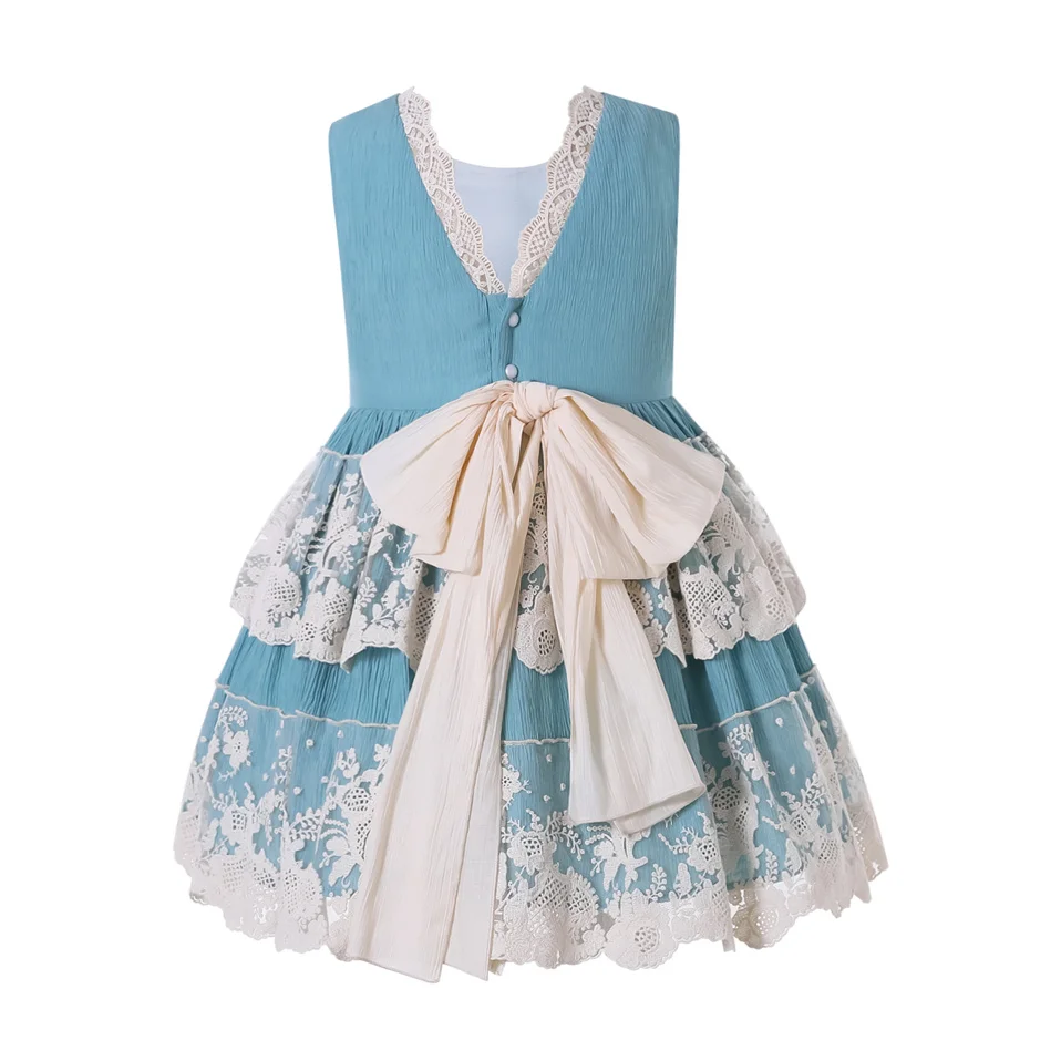 Wholesale Pettigirl 2024 Children Kids Blue Lace Wedding Princess Dresses Clothing 2-12Y 1BAG=1PCS