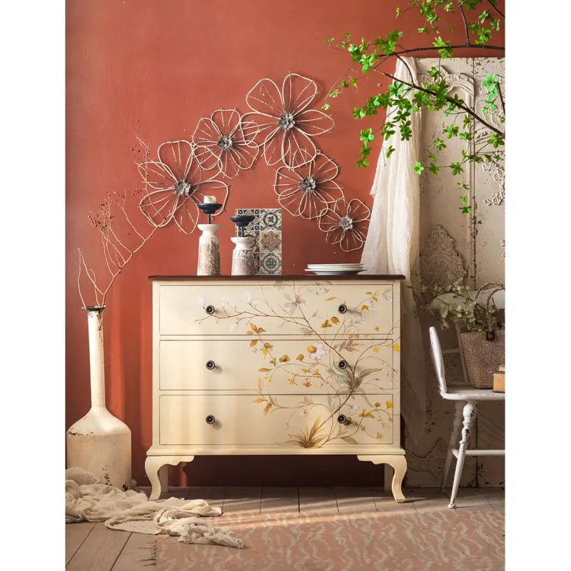 American country retro flowers,  Hand painted light luxury art solid wood living room cabinet