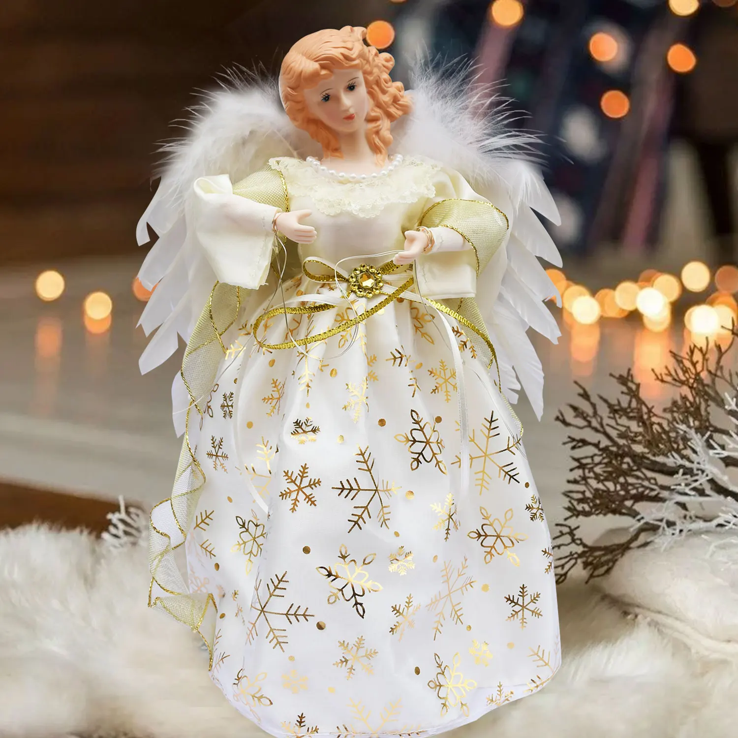 Elegant Christmas Tree Topper Angel With Real Feather Wing Christmas Tree Ornaments & Toppers