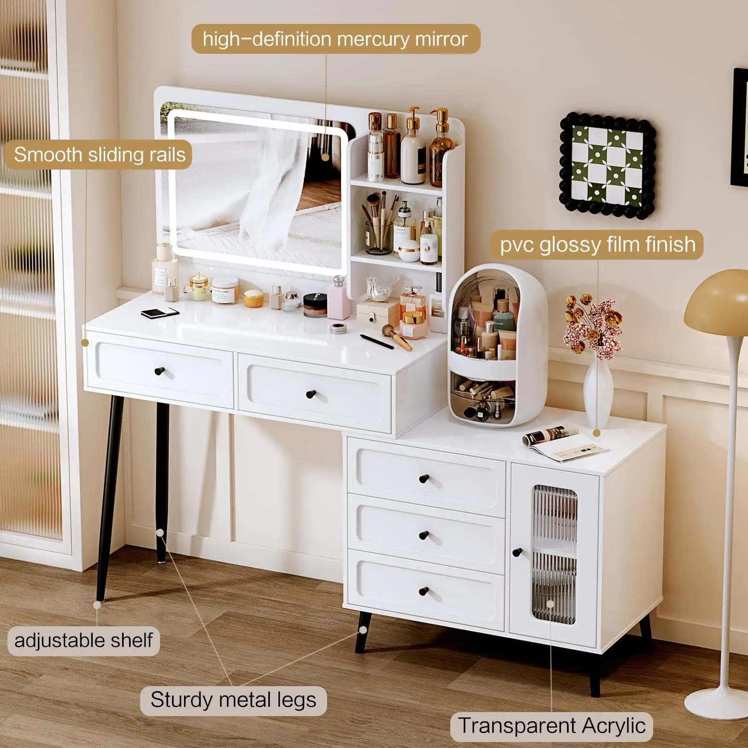 Bedroom furniture modern White Makeup Vanity Desk with Mirror Adjustable Cabinet & Drawers