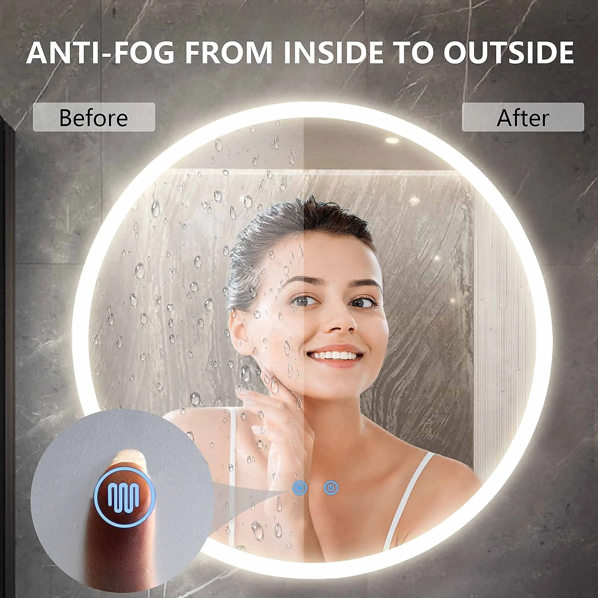 Stepless Dimming Frosted Edge Wall Hanging Toilet Dresser Makeup Round Mirrors Bath Wall Mirror With Led Light