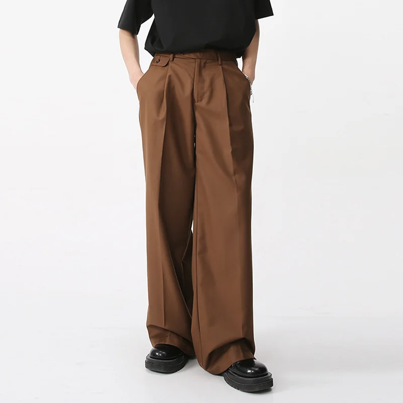 Oem Customized Manufacturer Casual Baggy Pants High Waist Zipper Fly Pleat Side Pockets Wide Leg Brown Trousers For Men