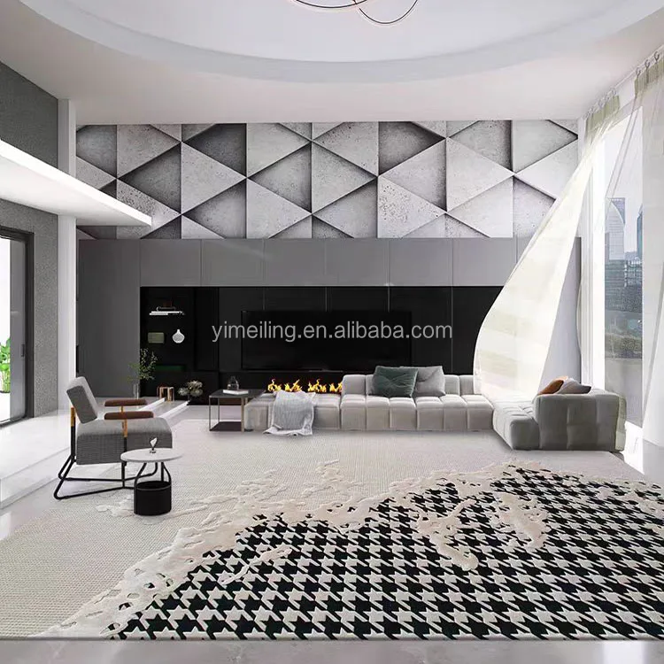 Custom Design Ivory and Black White Hand Tufted New Zealand Wool Rug Carpet with Modern Lattice Plaid Checkered Pattern