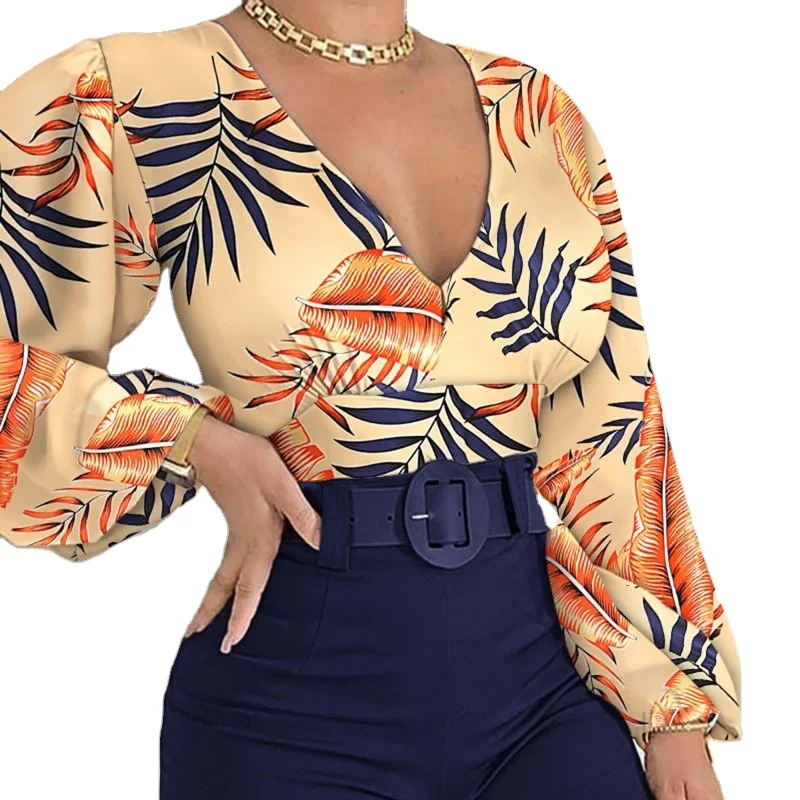 T-Shirt Sexy Crop Top spring Elegant Long Sleeve V Neck Ruffle Chiffon Trim Floral Print Shirt Tops Clothing For Women