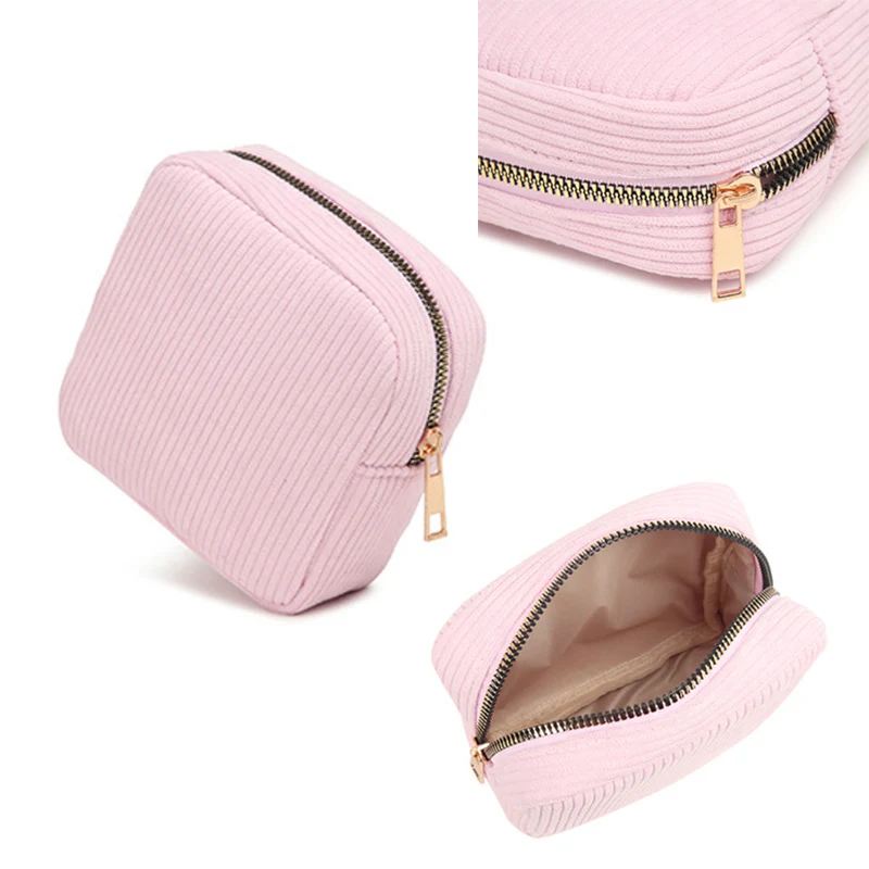 Personalized embroidery name ribbed cosmetic bag big capacity corduroy pouches candy color portable toiletry makeup bag for gift