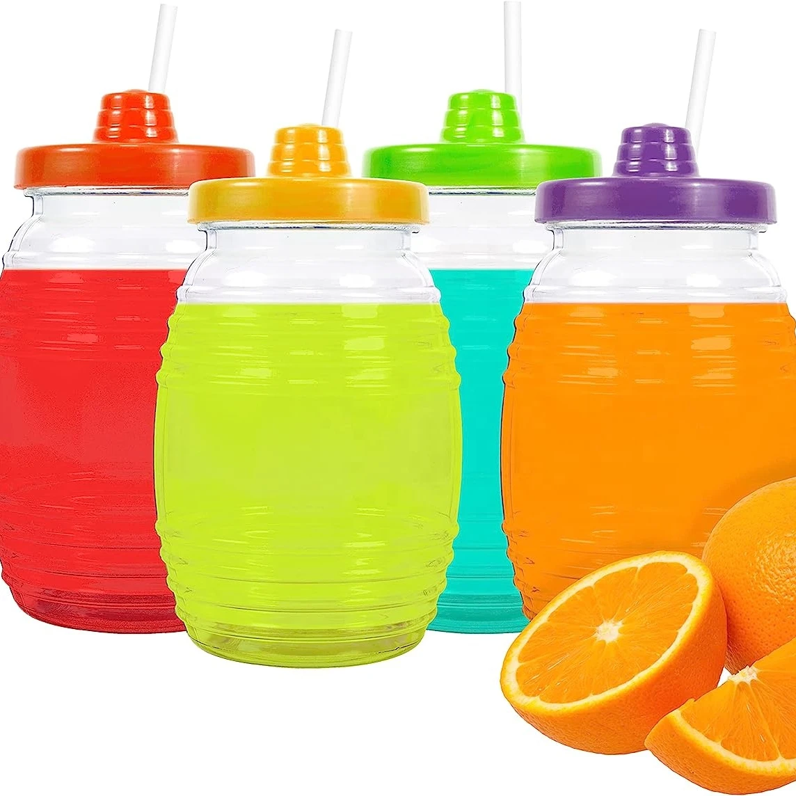 16OZ Traditional Mexican Mini Vitrolero Barrel Shaped Cups with Colorful Leakproof Lids Straws Incuded for Cocktail Drinks Party