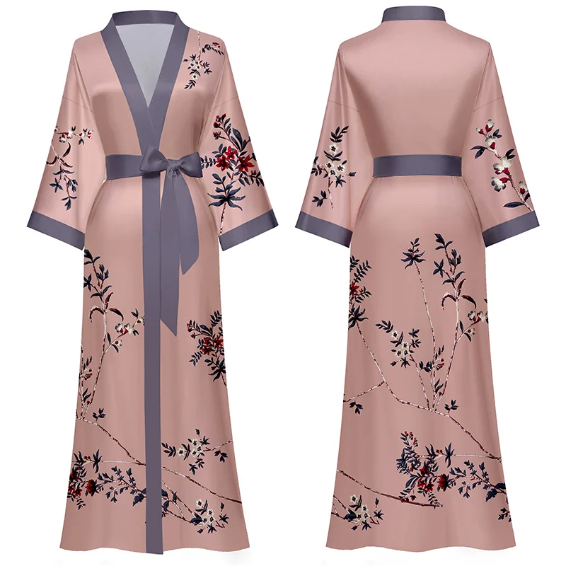 custom hot selling free size kimono collar robes pyjamas women robe smooth women satin silk long kimono robes