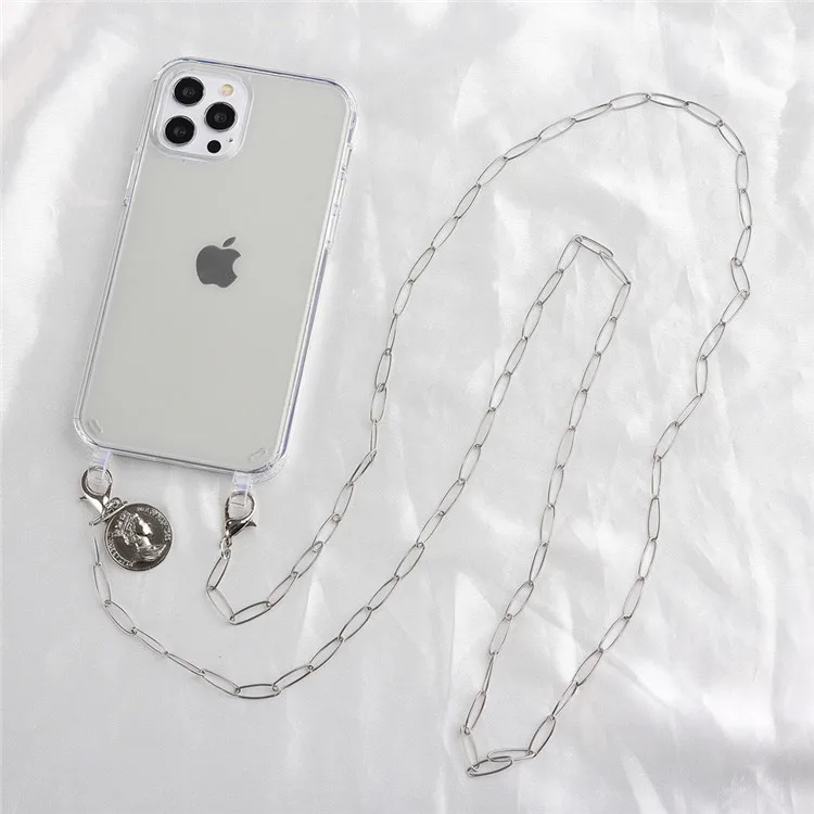 
Softness Tpu Cell Phone Covers For Iphone X 11 12 pro max Necklace Crossbody Phone Case With Stainless Steel Chain 