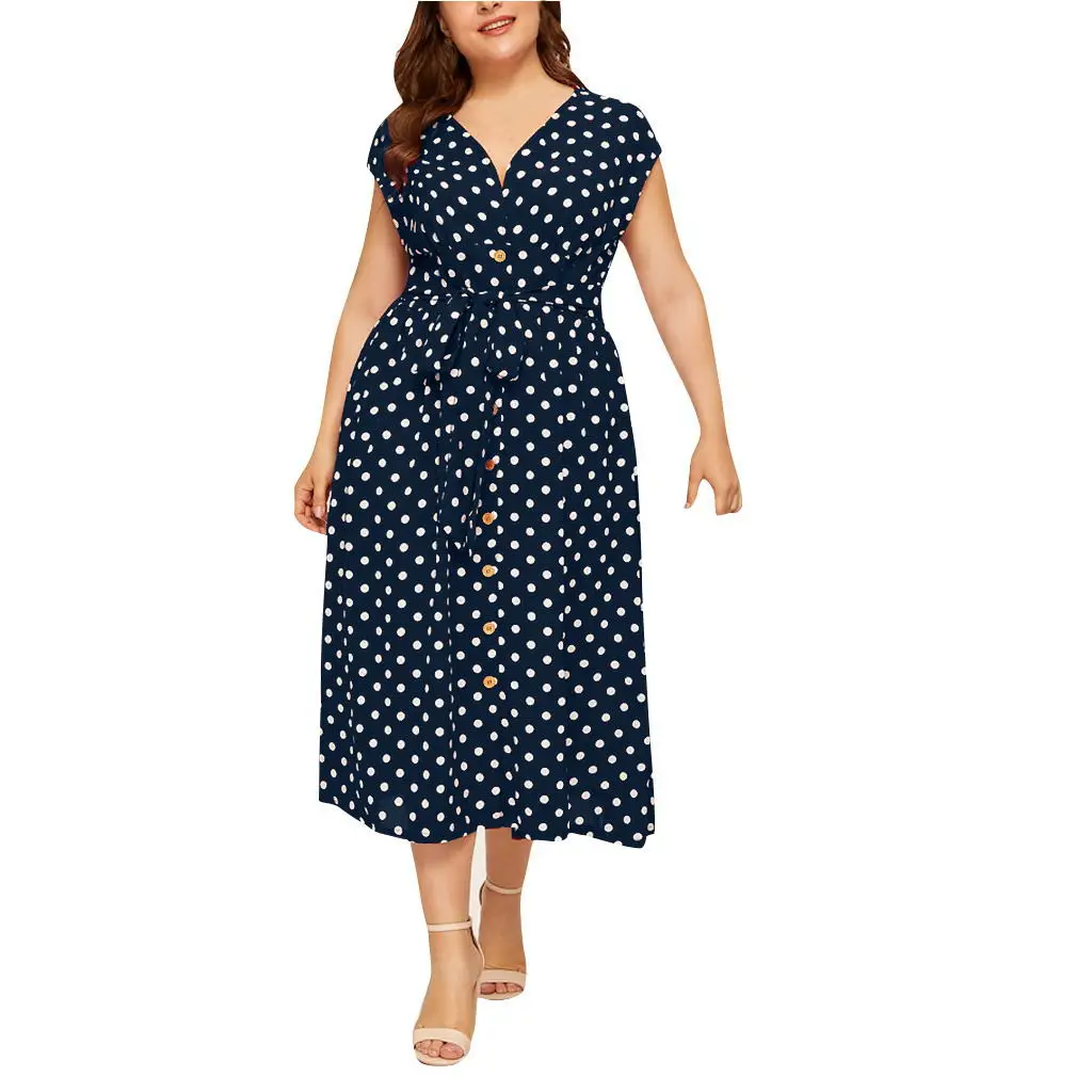 Plus Size Polka Dot Dress Summer Front Button Lace-Up Waist V-Neck Fat Women Dress Casual Loose Large Ladies Midi Dress