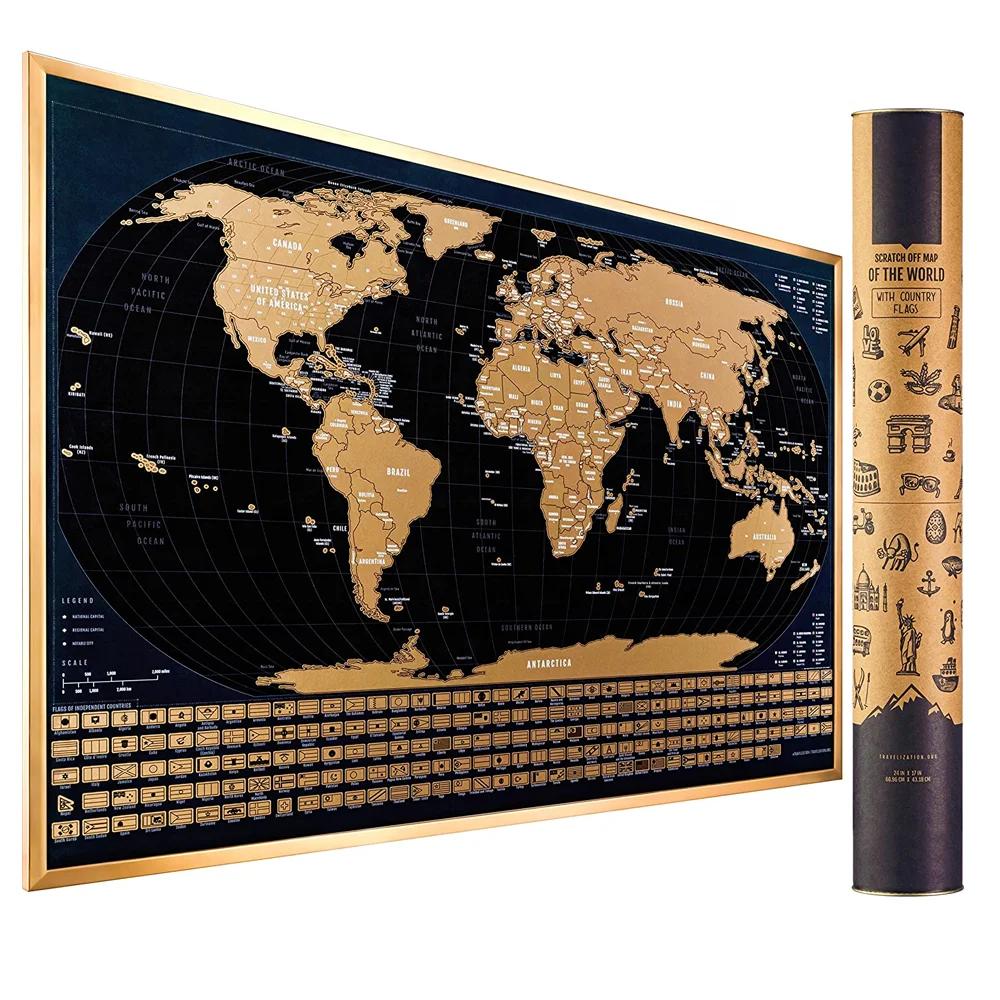 
Premium Quality Newest Large Scratch The World Travel Map of the word scratch map with stickers 
