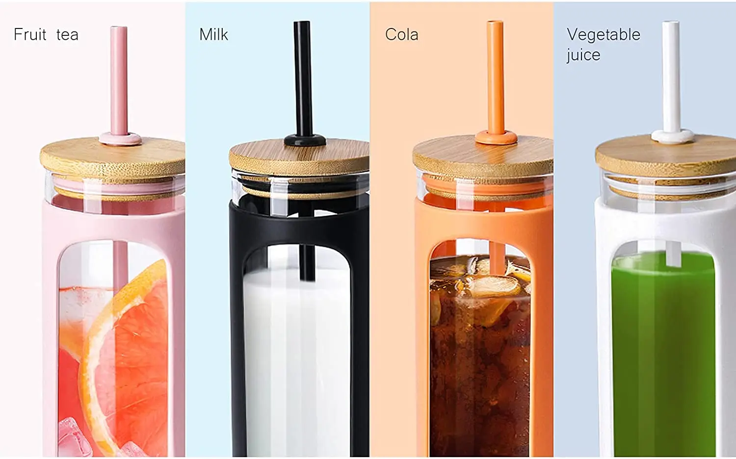 With Bamboo Lid Reusable Wide Mouth Smoothie Cup Straw Silicone Protective Sleeve Iced Coffee Cup Glass