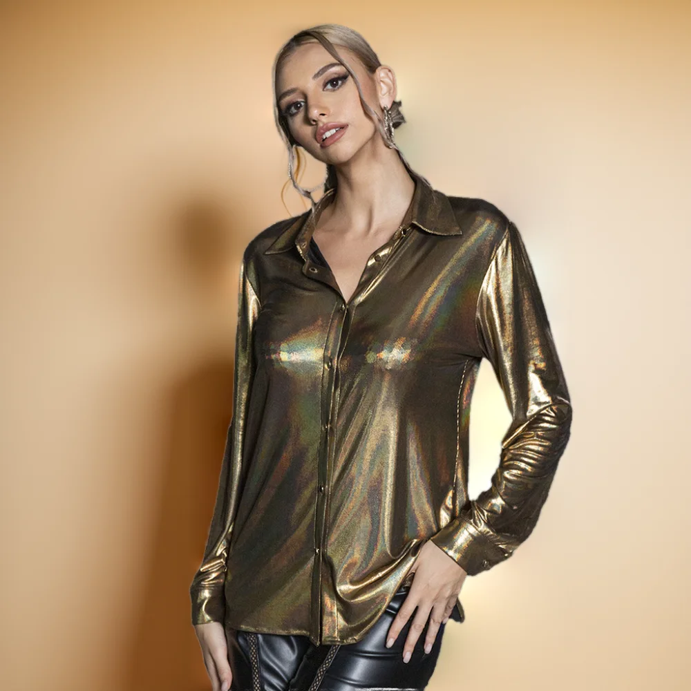 D&M Fall Blouse Blouses and Shirts for Women Golden Satin Silk Button Shirts Long Sleeve Blouses Women Shirt
