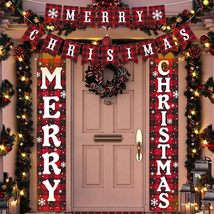 Christmas Banners Large Christmas Door Banner Red Black Buffalo Plaid Hanging Party Indoor Outdoor Christmas Decorations