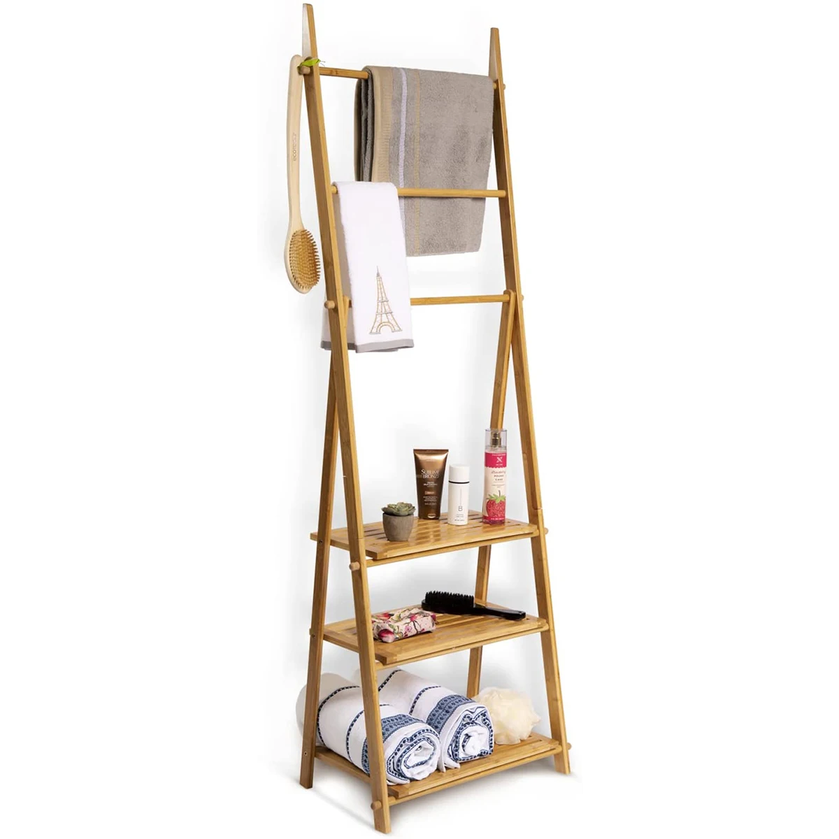 3 Tier Shelves Bamboo Ladder Towel Rack Bathroom Standing Towel Rack Shelf