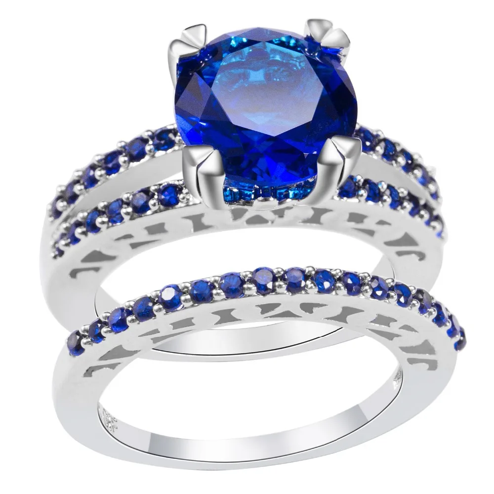 
18K White Gold Plated Vintage Stainless Steel Rings Set CZ Diamond Inlay Sapphire Rings Christmas Gift Couple Wedding Rings 