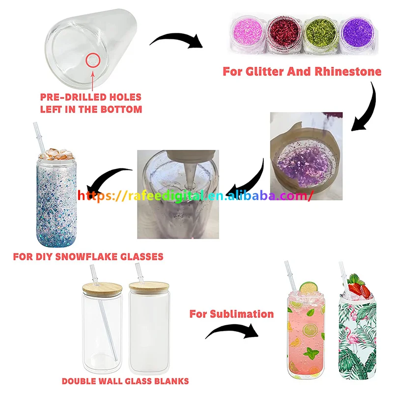 USA Warehouse 16oz 16 oz Pre Drilled Hole Clear Double Walled DIY Glitter Blank Sublimation Snow Globe Snowglobe Beer Glass Can