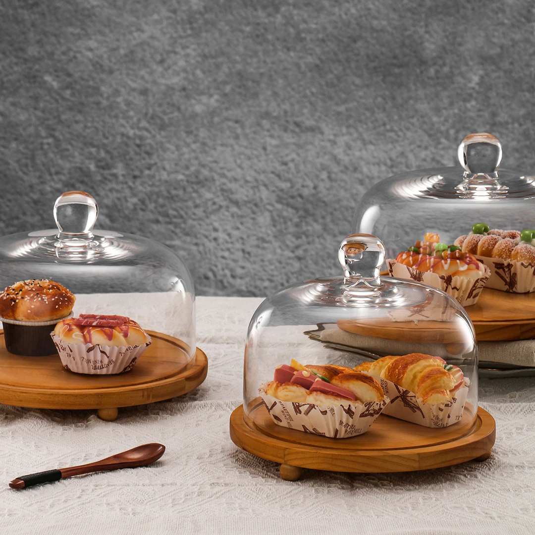 Private Label High Quality Clear Decorative Cake Bamboo Wooden Tray Reusable Cake Stand With Glass Dome Cover