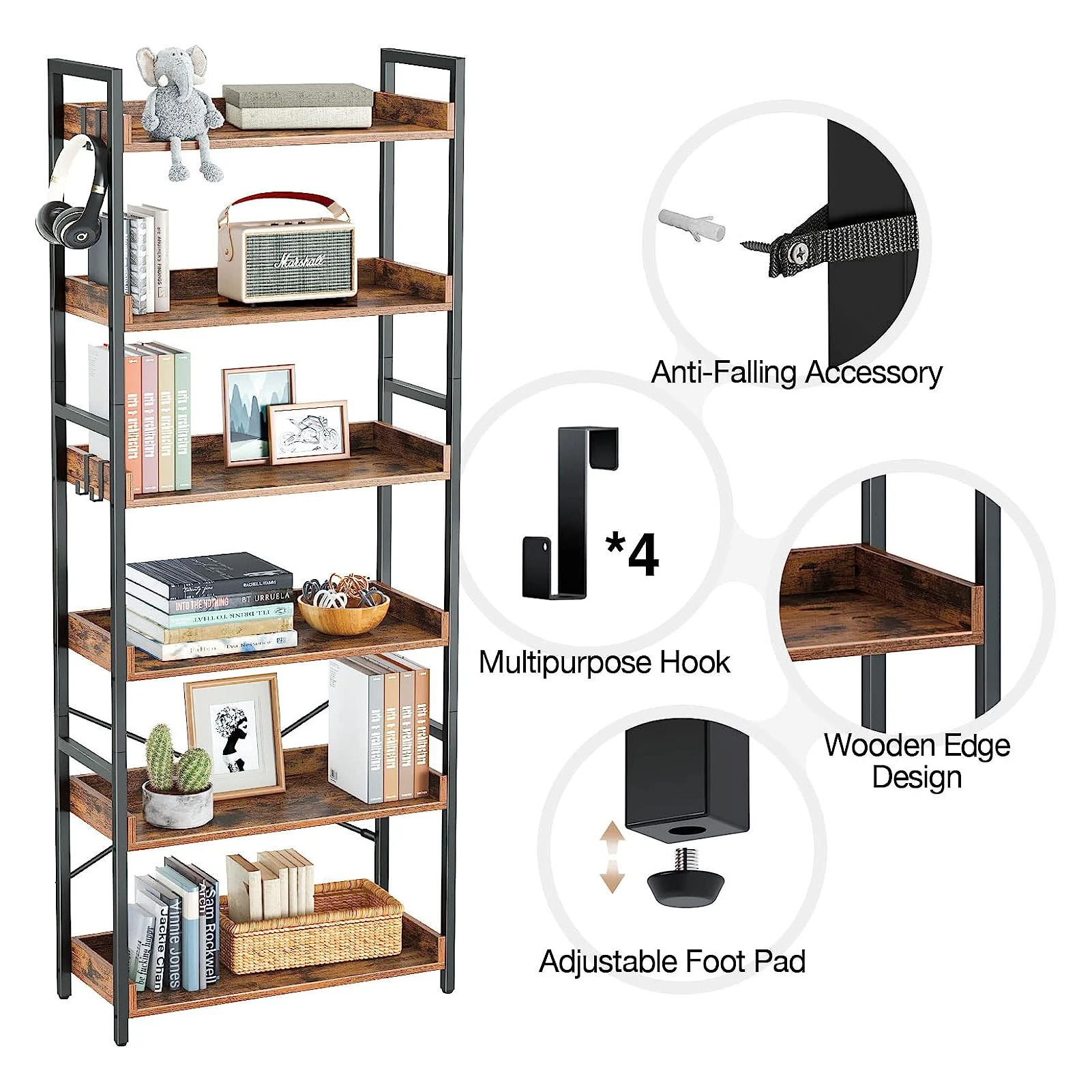 Bookshelf 6 Tier Industrial Bookcase Vintage Storage Rack with Open Shelves Rustic Standing Bookshelve Metal Frame Display Rack