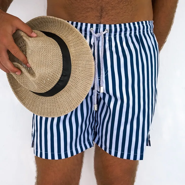 Plus size Custom Printed beach shorts Nautical Navy White Mens Stripe Swim Trunk