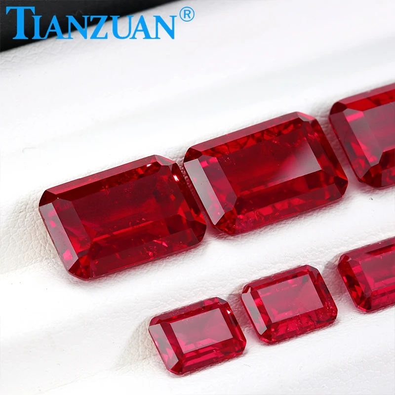 Pigeon Blood Red color lab created ruby rectangle Octagon shape emerald cut including minor cracks inclusions loose gem stone