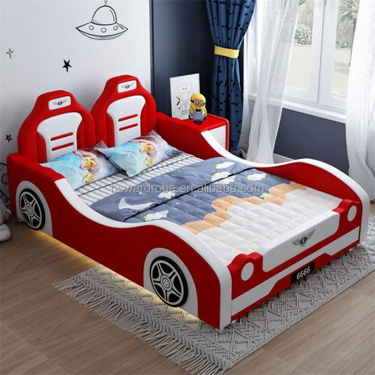 Factory wholesale double creative kids car bed boy cartoon leather single bed Children Bed Car For Kids  Bedroom