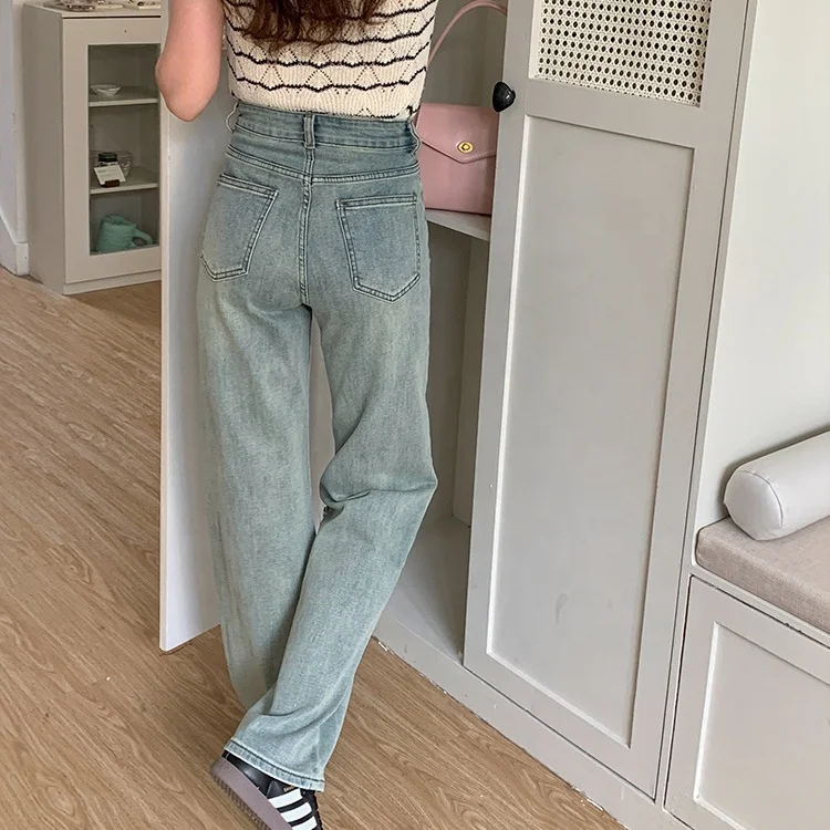 Custom Jeans Womens Light Blue Washed Straight Denim Pants High Quality Cotton Wide Leg High Waist Plus Size Women Jeans