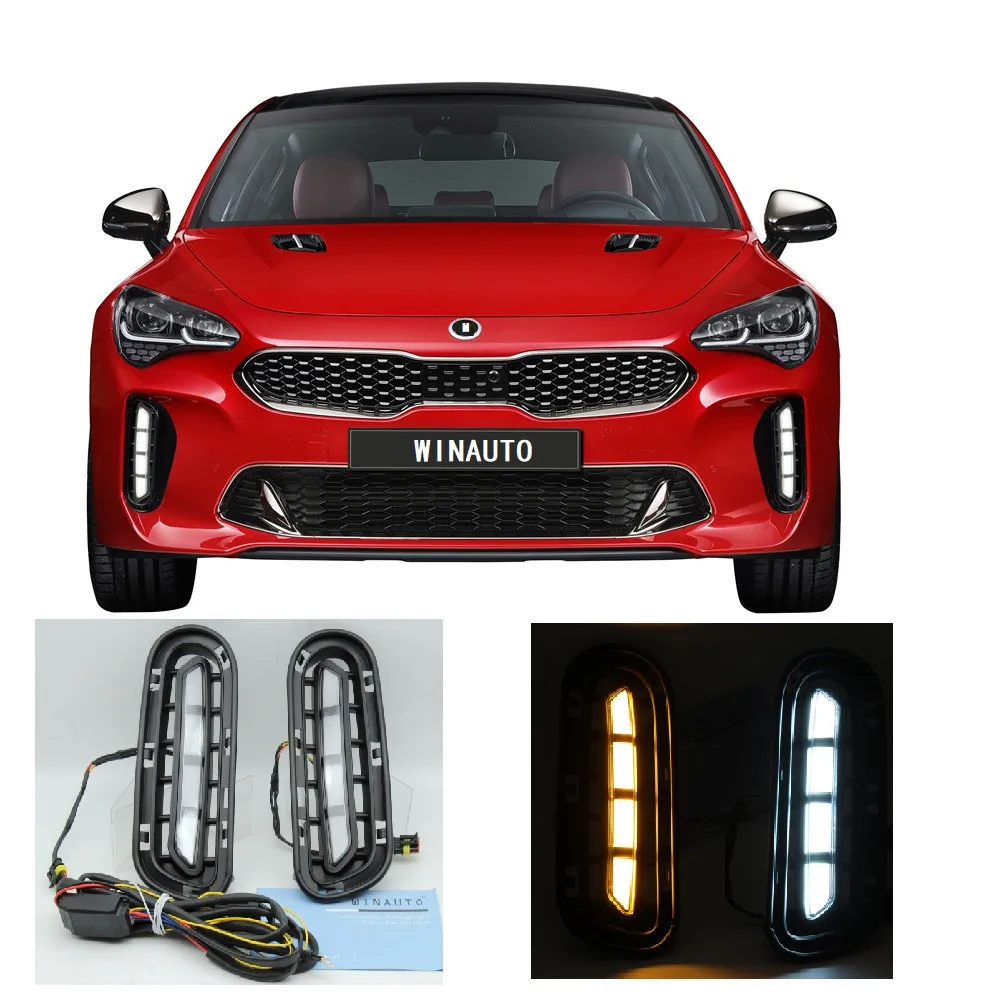 Winauto 12V Dual Color White Yellow Flowing Pattern Daytime Running Lamp For Kia Stinger 2018 - 2020 Front LED Car Foglight DRL