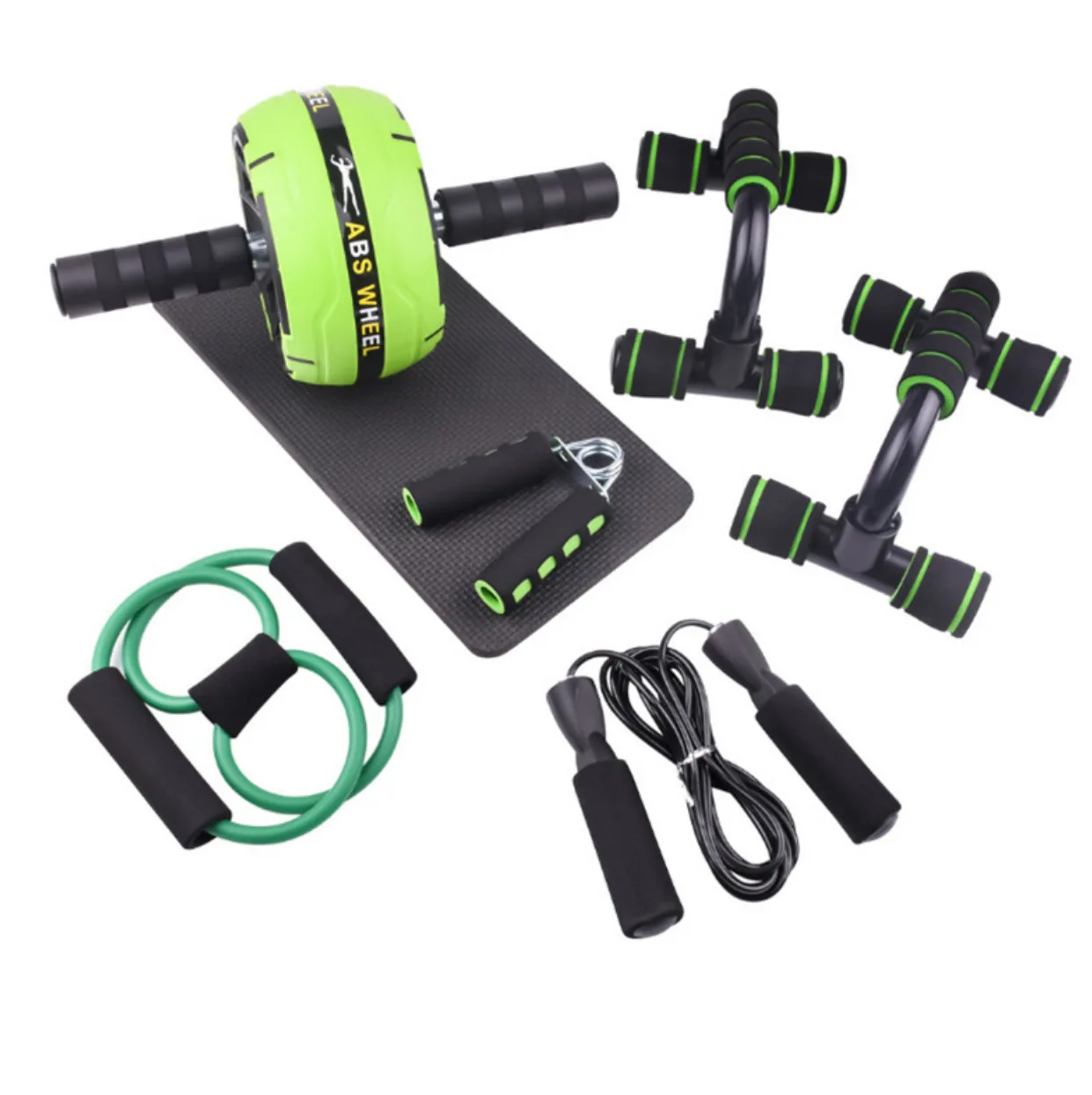 Home Fitness 7 in 1 Gym Muscle Trainer AB wheel roller set with push up stand jump rope resistant band hand grip