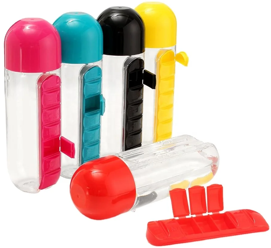 Madou Portable Water Bottle With Weekly Pill Organizer 600ml Pills Organizer Pill Box With 7 Day Weekly Water Bottle For Travel