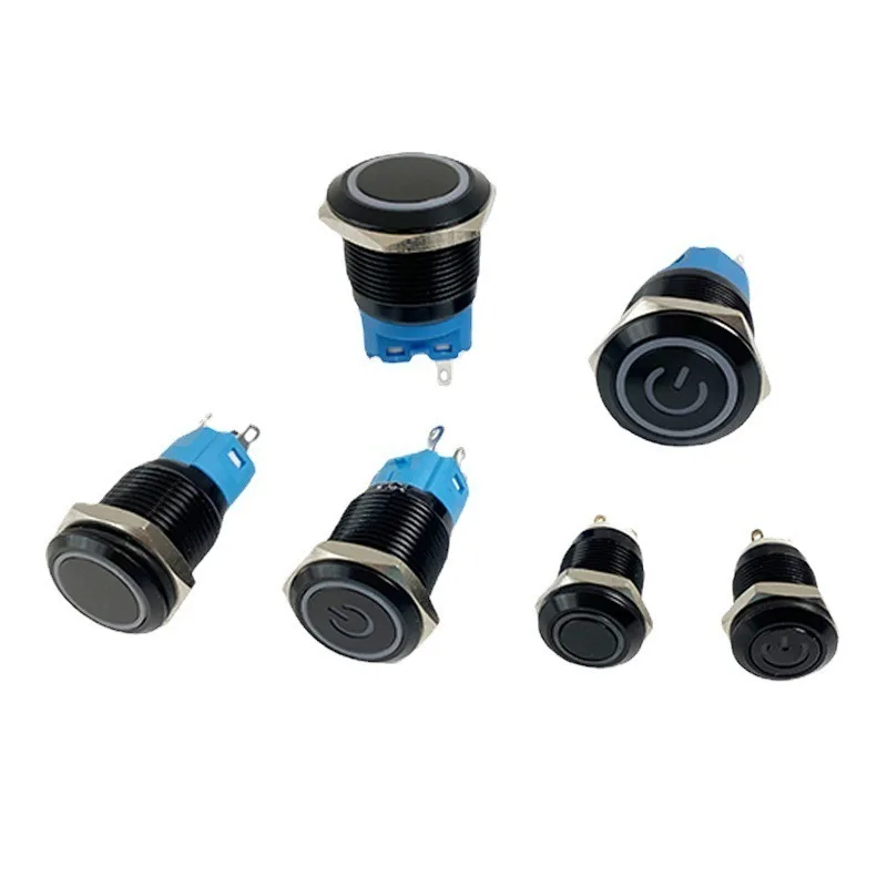 12/16/19/22/25mm Latching Waterproof IP65 LED Light Flat Power Mark Self Locking Fix 6V 12V 220V Black Metal Push Button Switch