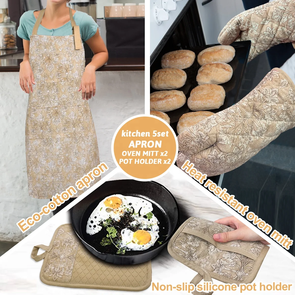 5 piece set flower pattern Brown waterproof cotton apron cotton two Anti scalding oven gloves silicone two Checkered  pot holder