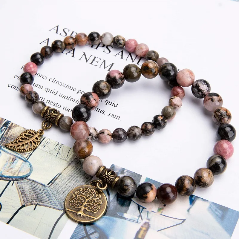 Natura Gemstone Beads Bracelet For Women Tree Of Life And Leaf Charm Chakra Energy Healing Stretch Bracelet (KB8556)