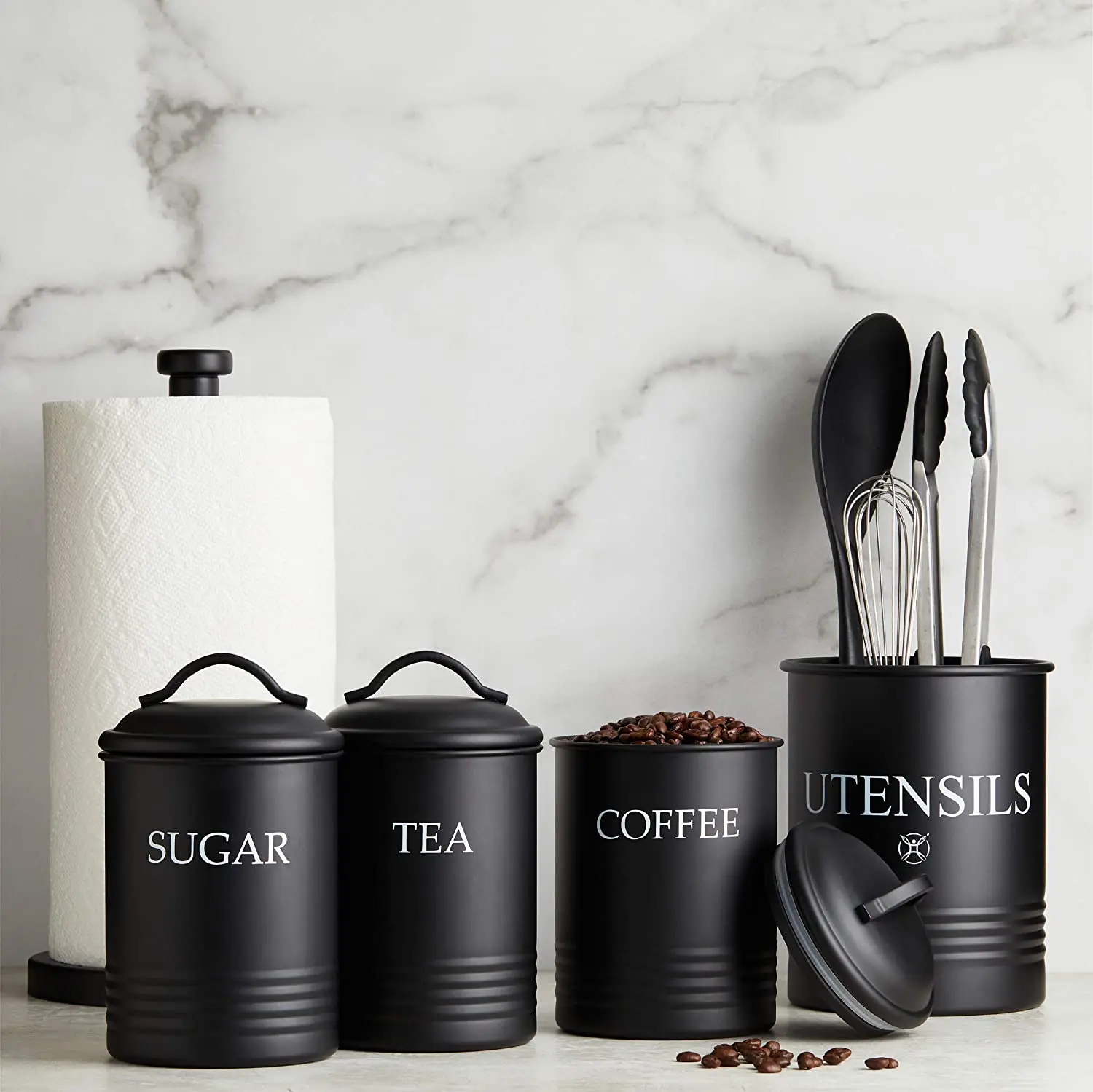 Professional Kitchen Metal Tea Coffee Sugar Biscuits Bread Storage Copper Tag Canister Tin Set of 5