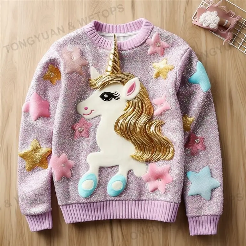 Cute Colorful Cartoon Unicorn Sequin Pullover Sweater For Girls Children
