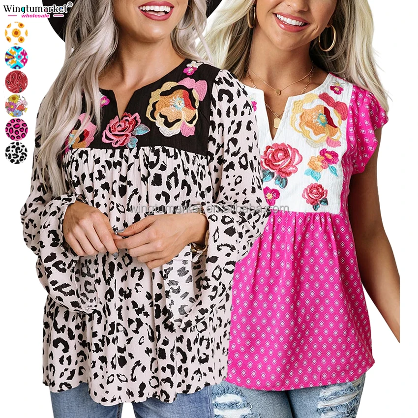 Vintage boho shift tops loose fit cowgirl floral custom prints leopard embroidered shirts blouses for women