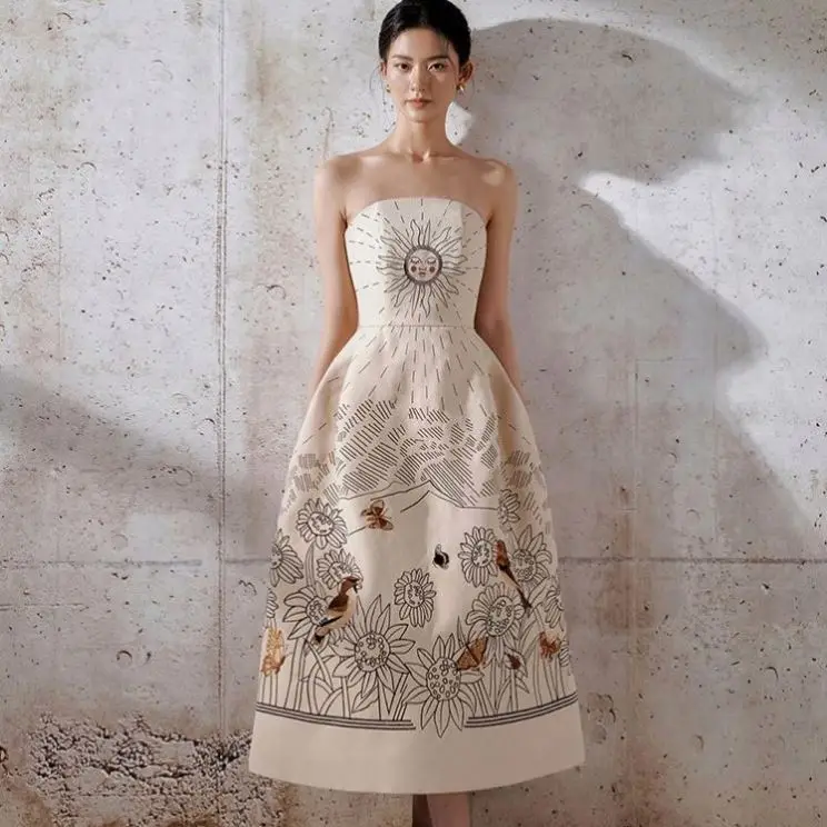 Vietnam Designer Lobbster Tube Top SUNFLOWER Embroidery Heavy Work Dress