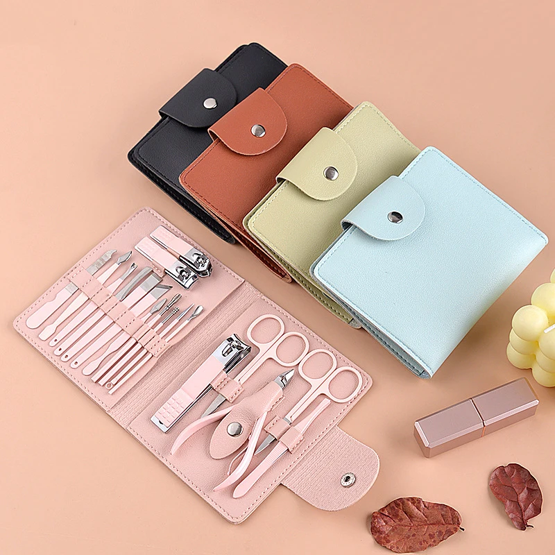Custom Logo Grooming Kits 2024 new arrivals Stainless Steel Pink 18Pcs Manicure Set Nail Clipper Sets With Leather Bag