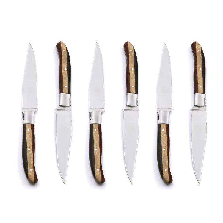 4.8 New Style Half Serrated and Half Sharpened Blade Steak Knife with Three Colors Wooden Handle