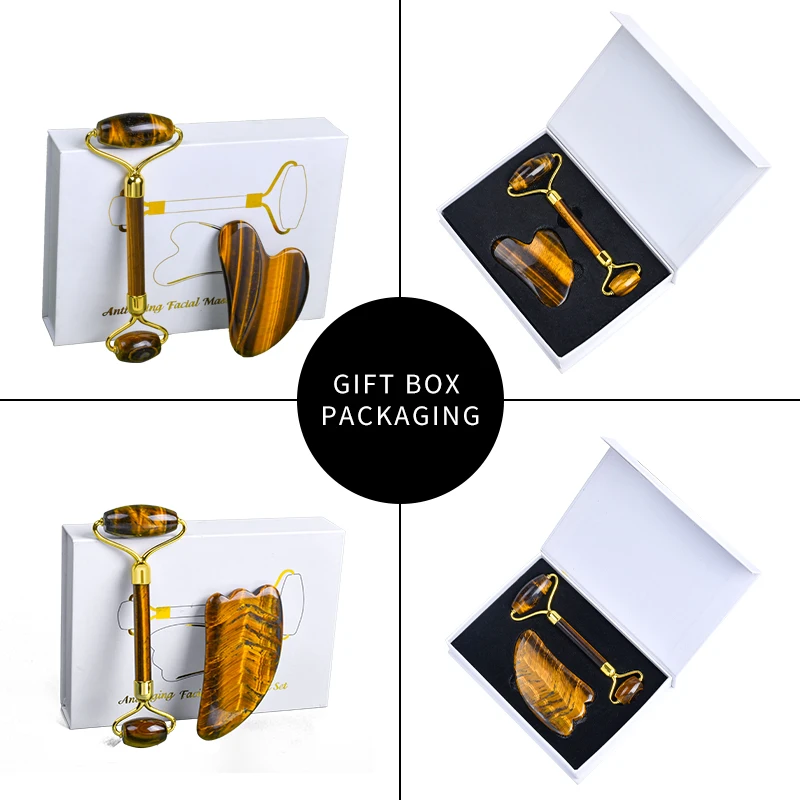 Natural Tiger Eye Gua Sha Set Wholesale Facial Massage Jade Roller And Gua Sha Tool Fast Delivery Face Roller Guasha Set