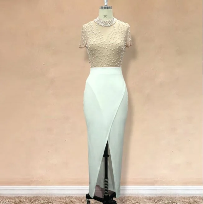 Women Fashion Sexy Dress Open Hairpin Round Neck Tulle Beaded Short Sleeve Women Evening Party Dress