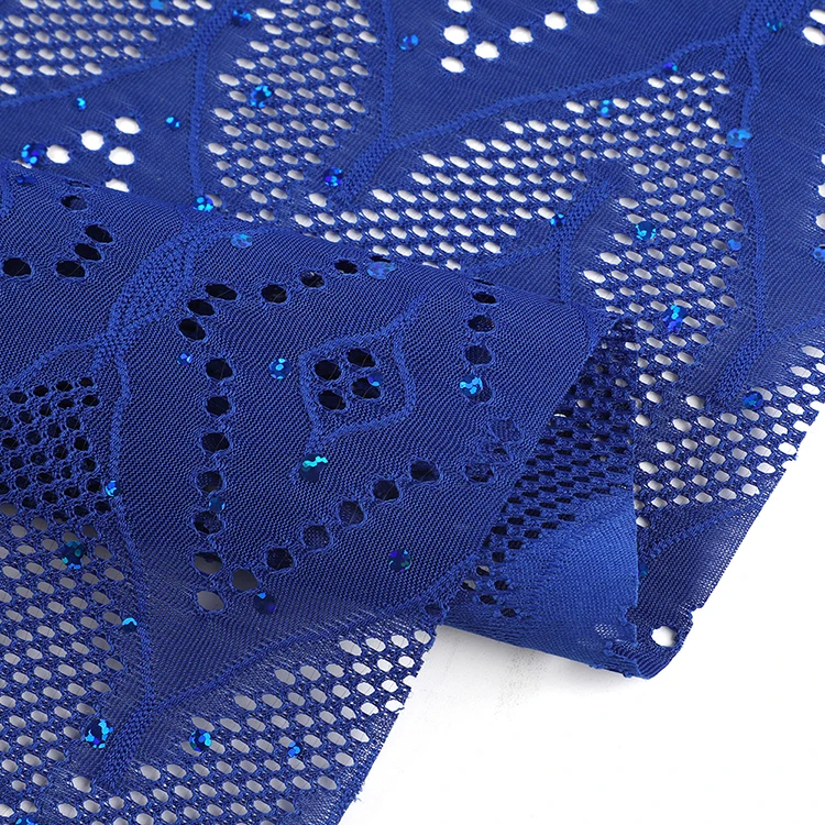 Sexy garment textile hollow out knit lace spangle jacquard fabric polyester with shiny decoration