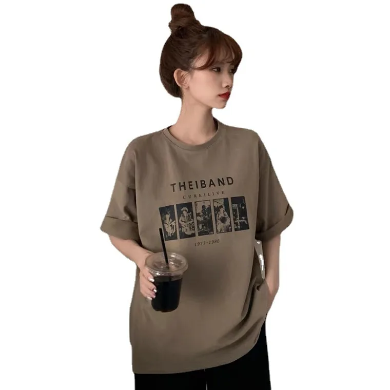 Wholesale graphic t shirts women 2022 custom logo vintage loose shoulder drop t shirt for girls