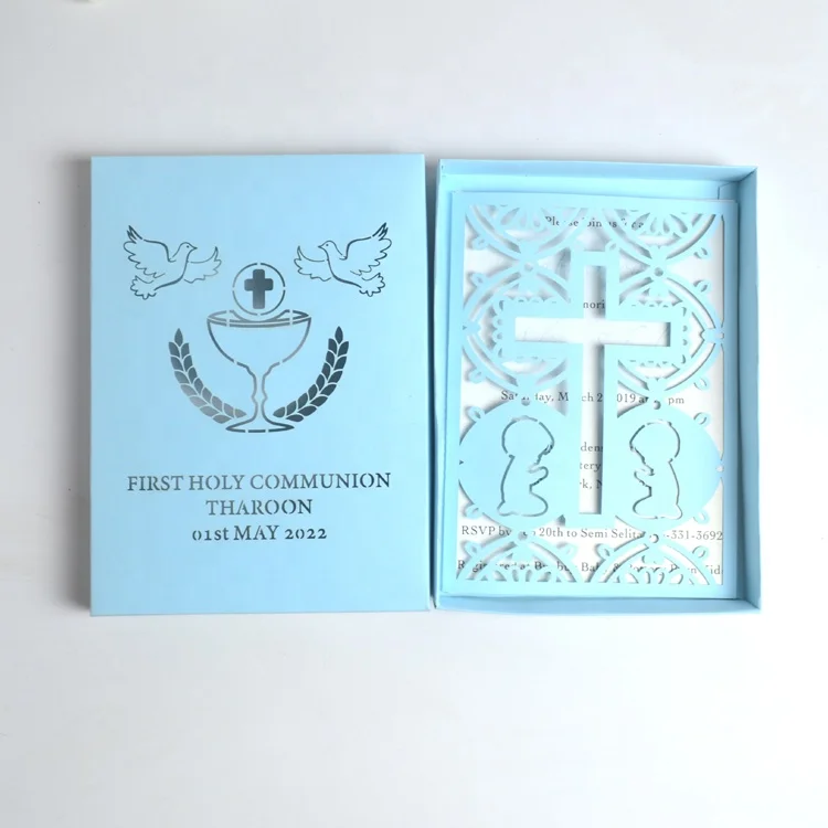 Christian cross design laser cut boy baptismal invitation cards wrap for first communion decoration