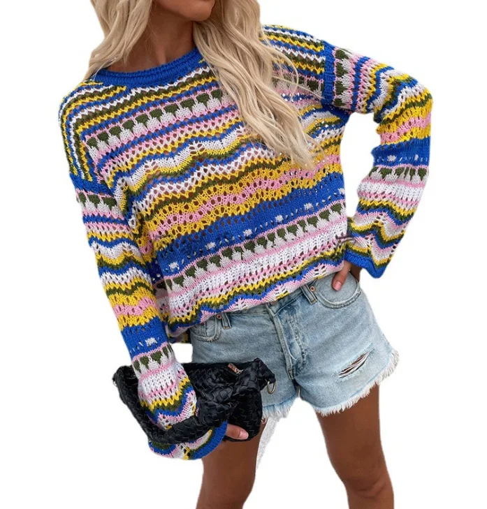 Hot selling stitched knit loose rainbow print round neck stripes knitting women cardigan long cardigan sweater