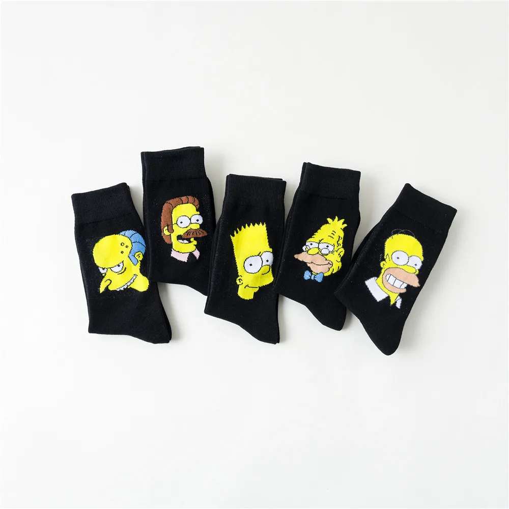 
2020 New Design Black Cartoon Socks Simpson Print Cotton Socks for Women Anime Crew Socks Wholesale 