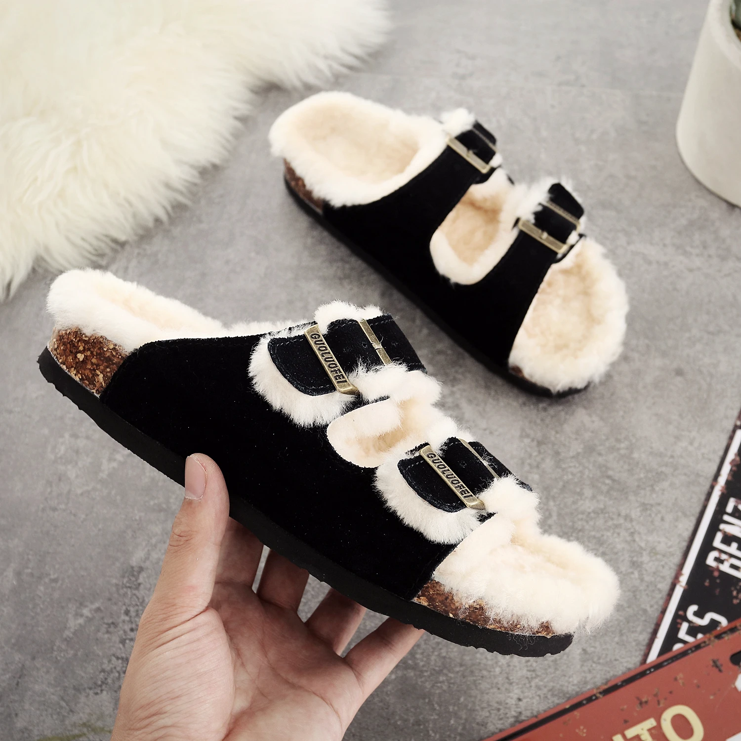 Faux Fur Lined flat slippers for ladies plush cork sole home women slippers