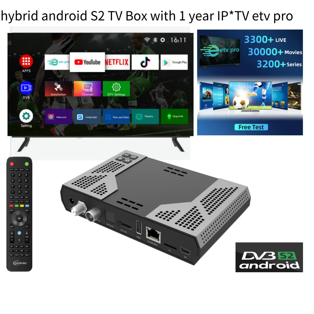 Hybrid Android 4k TV box with DVB S2 hd satellite receiver H265 2+16GB 5G Wifi OTT Set-top Box+DVB-S2 Decoder Satellite Receiver