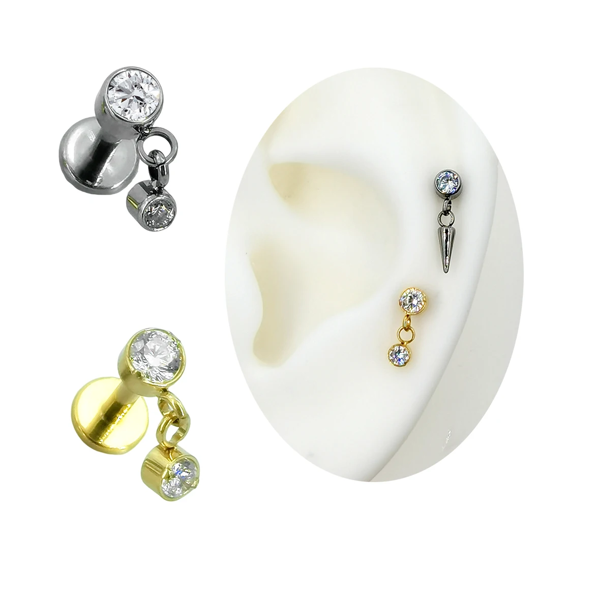 Calendo Hot Sale Solid Titanium Dainty Dangle Cubic Zircon Labret Piercings Nose Helix Conch Body Piercing Jewelry